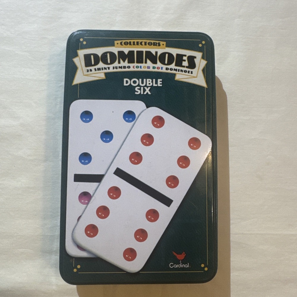Cardinal Double Six Dominoes 28 Color Dot Jumbo Tiles Collectors Tin 9510C